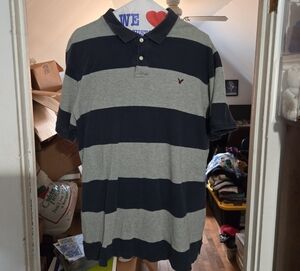 Mens Large American Eagle Outfitters Gray and Blue Striped Polo